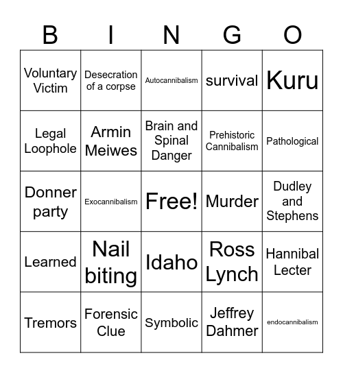 Cannibalism Bingo Card