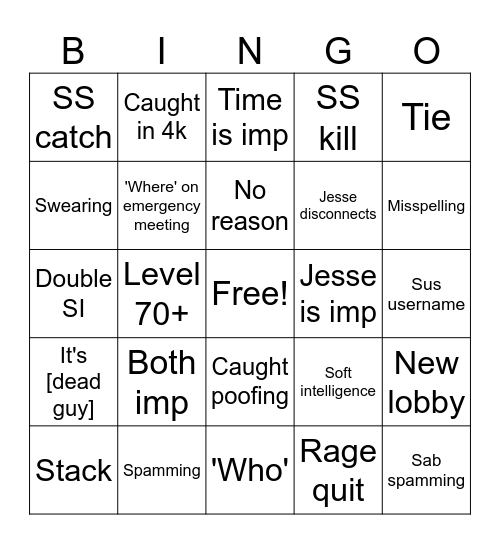 Amogus Bingo Card