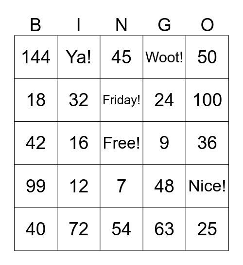 Multiplication Bingo Card