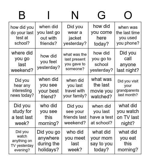 simple past questions Bingo Card