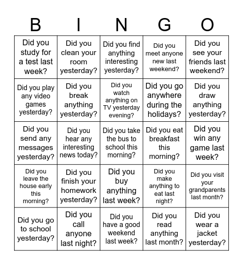 simple past questions Bingo Card