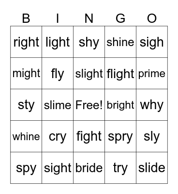 igh, i-e, y Bingo Card