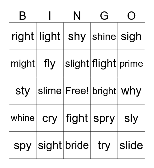 igh, i-e, y Bingo Card