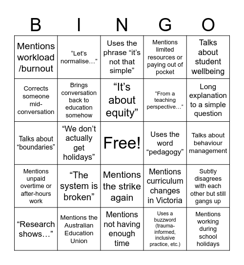 Teacher Bingo Card