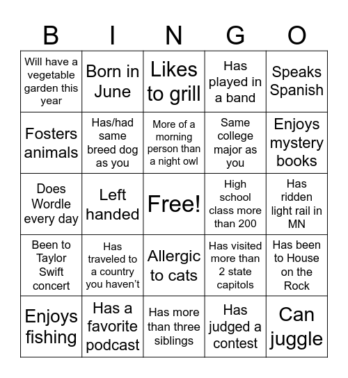 Icebreaker Bingo Card