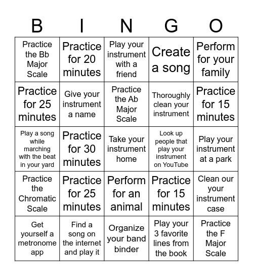 SGMS Band Spring Break Bingo Card