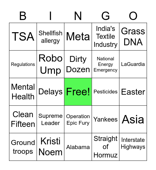 Current Events Updates 3.27.26 Bingo Card