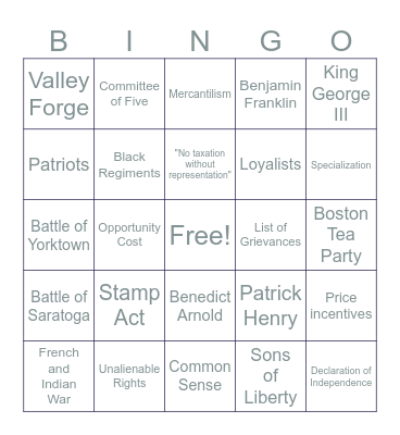 American Revolution Bingo Card