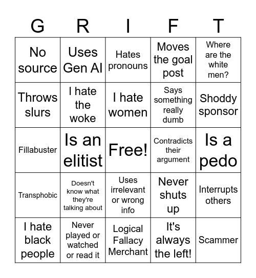 Media Grifter Bingo Card