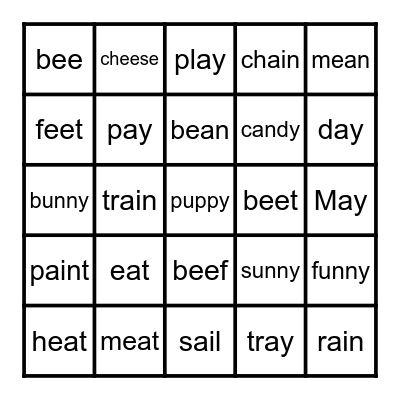 ea, ee, y, ay, ai Bingo Card