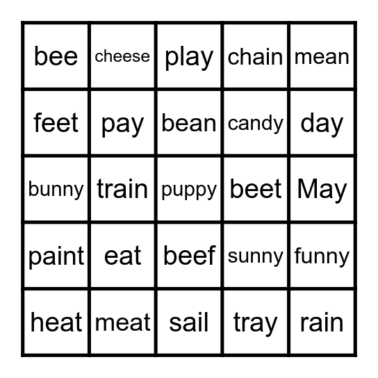 ea, ee, y, ay, ai Bingo Card