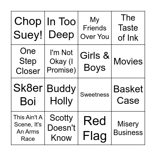 Pop Punk x Emo Bingo R1 Bingo Card