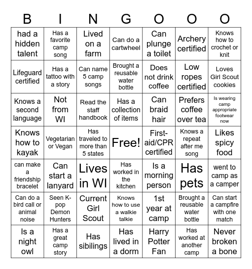 Staff Connection Bingo Card