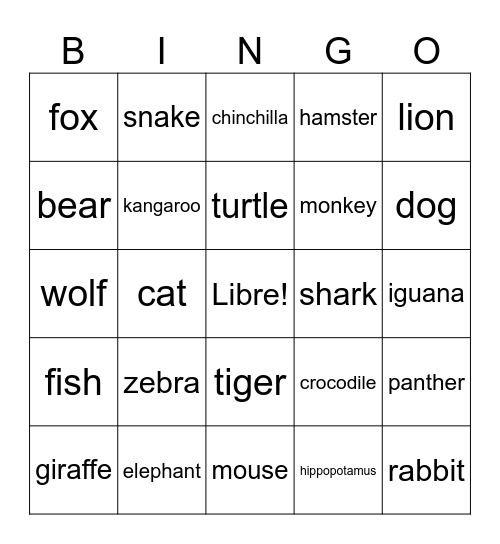 Spanish Animals Bingo Card