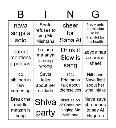 Pesach Bingo Card