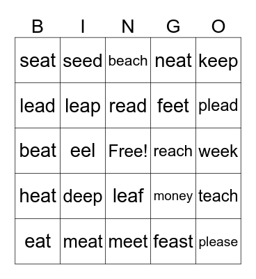 ea, ee, ey Bingo Card