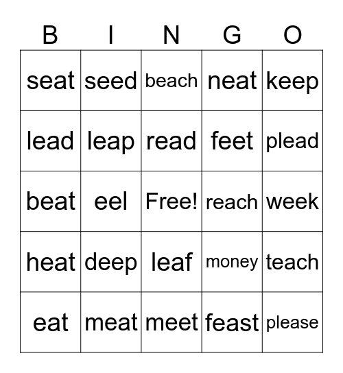 ea, ee, ey Bingo Card