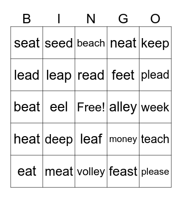 ea, ee, ey Bingo Card