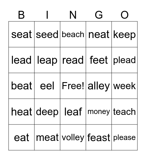 ea, ee, ey Bingo Card
