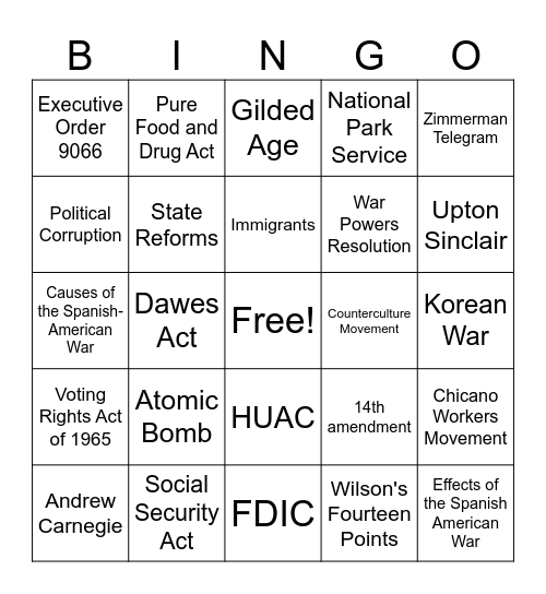 USH STAAR EOC Review Bingo Card