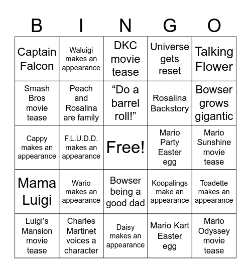 Super Mario Galaxy Movie Bingo Card