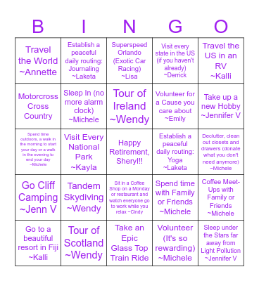 Sheryl's Retirement Bucket List Bingo Card