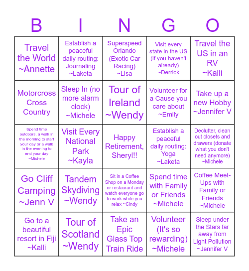 Sheryl's Retirement Bucket List Bingo Card