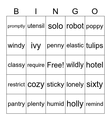 Open Syllable Bingo Card