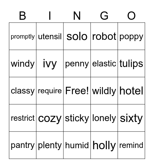 Open Syllable Bingo Card