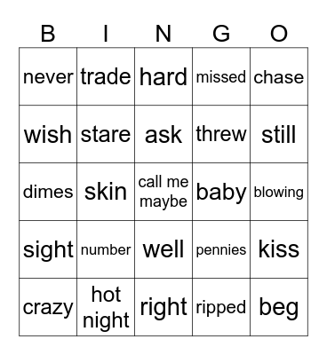 Call me maybe Bingo Card