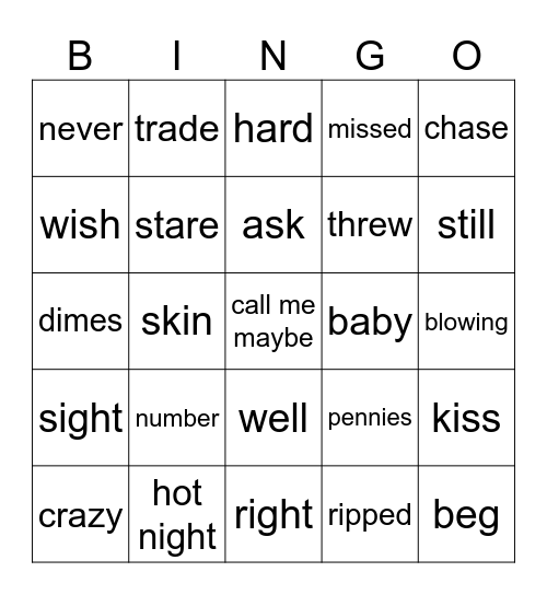 Call me maybe Bingo Card