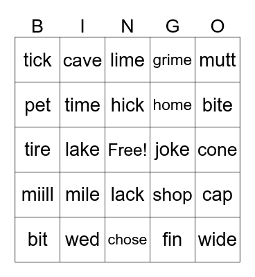 Long Vowel, silent e BINGO Card