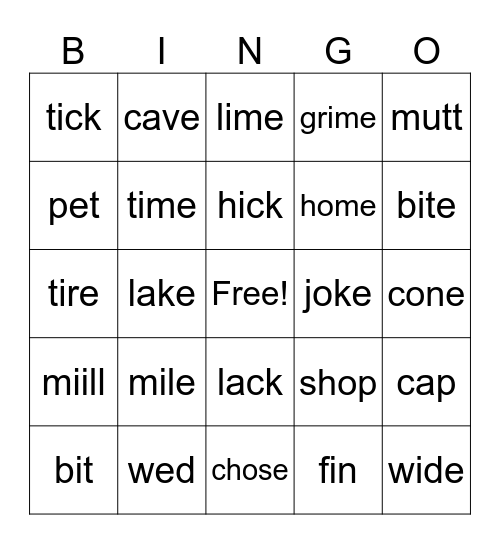 Long Vowel, silent e BINGO Card
