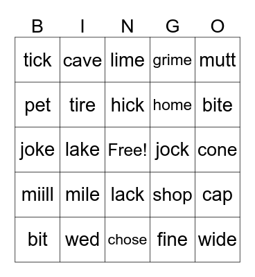 Long Vowel, silent e BINGO Card