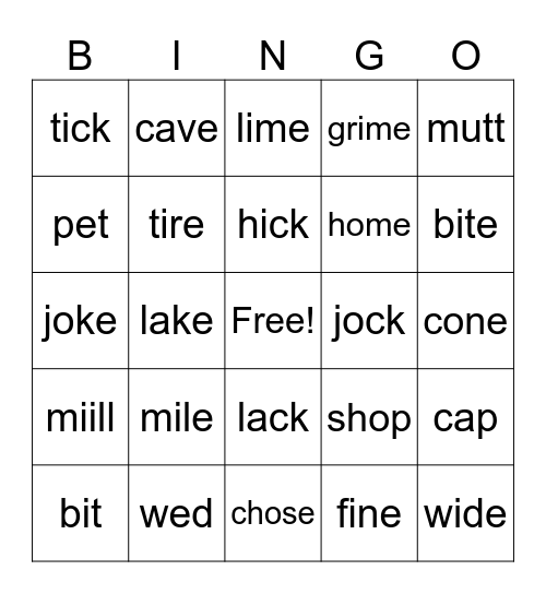 Long Vowel, silent e BINGO Card