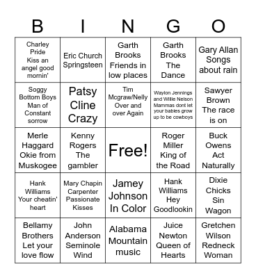 Great Country Songs Bingo Card