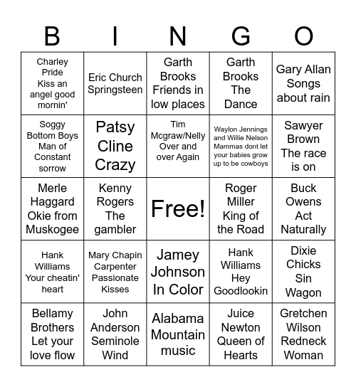 Great Country Songs Bingo Card