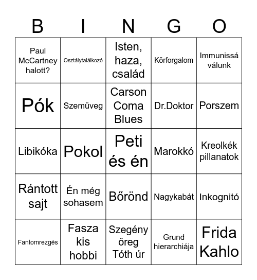 Carson Coma Bingo Card