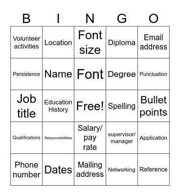 Resume Review Bingo Card