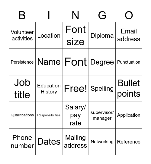 Resume Review Bingo Card