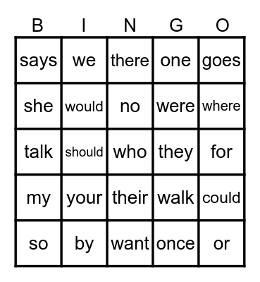 Heart Word Bingo Card