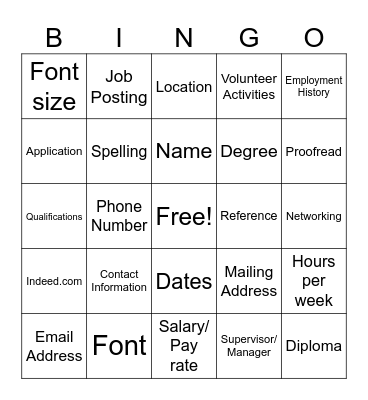 Resume Review Bingo Card
