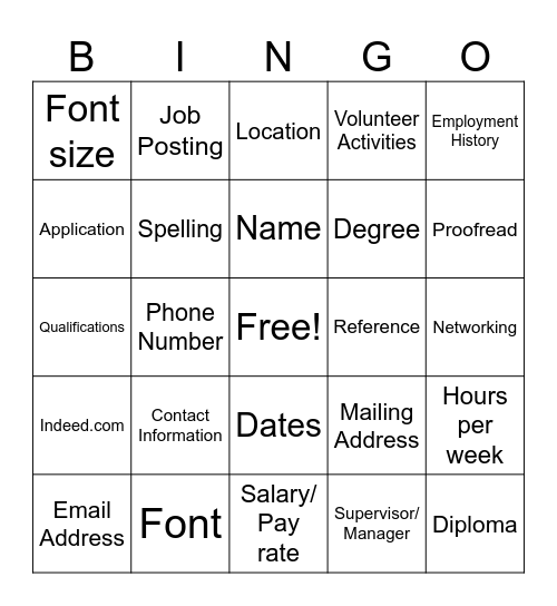 Resume Review Bingo Card