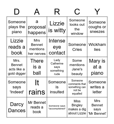 Pride and Prejudice Bingo Card