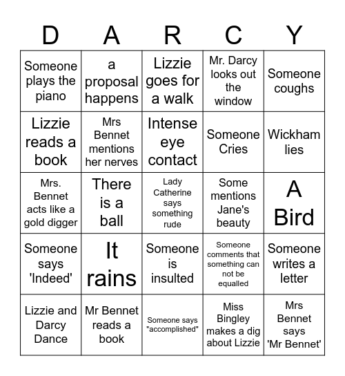 Pride and Prejudice Bingo Card