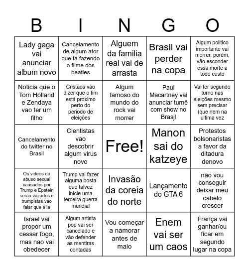Bingo de acontecimentos de 2026 Bingo Card
