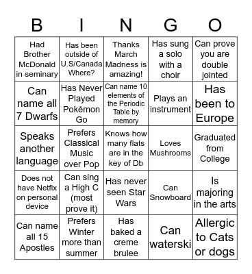 Institute Singers and Choir Retreat Bingo Card