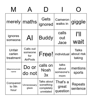 Madringo Bingo Card