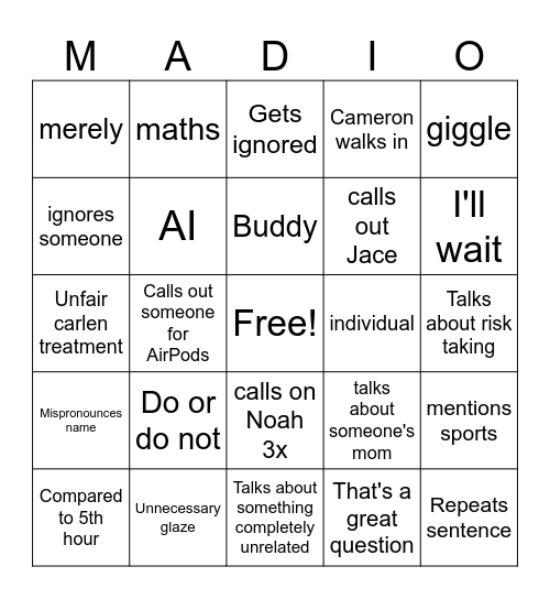 Madringo Bingo Card