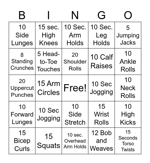 Workout Bingo Card